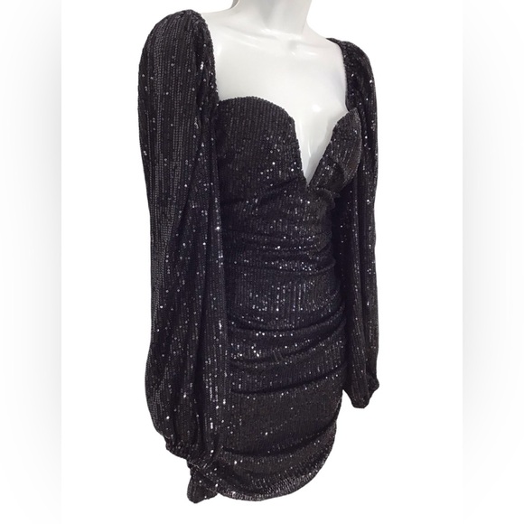 Lady Voxy Black V Neck Sequin Ruched Long Sleeve Mini Dress - Picture 2 of 6